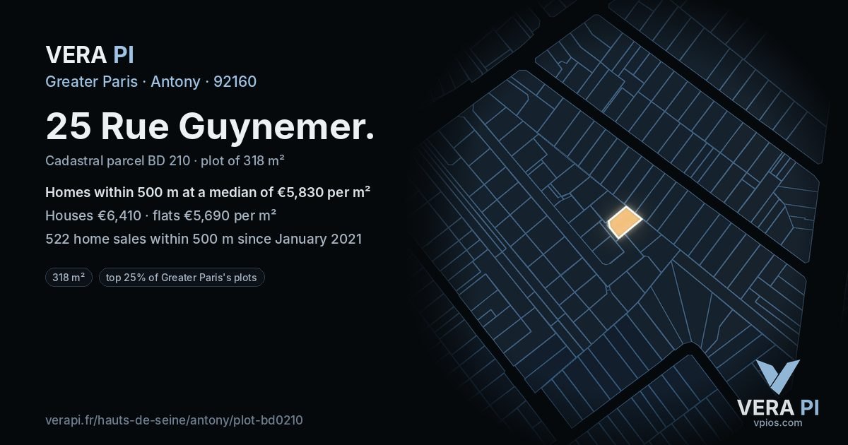 25 Rue Guynemer, Antony at night – the plot lit, the parcels around coloured by the prices near them