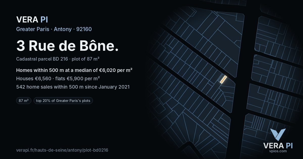 3 Rue de Bône, Antony at night – the plot lit, the parcels around coloured by the prices near them
