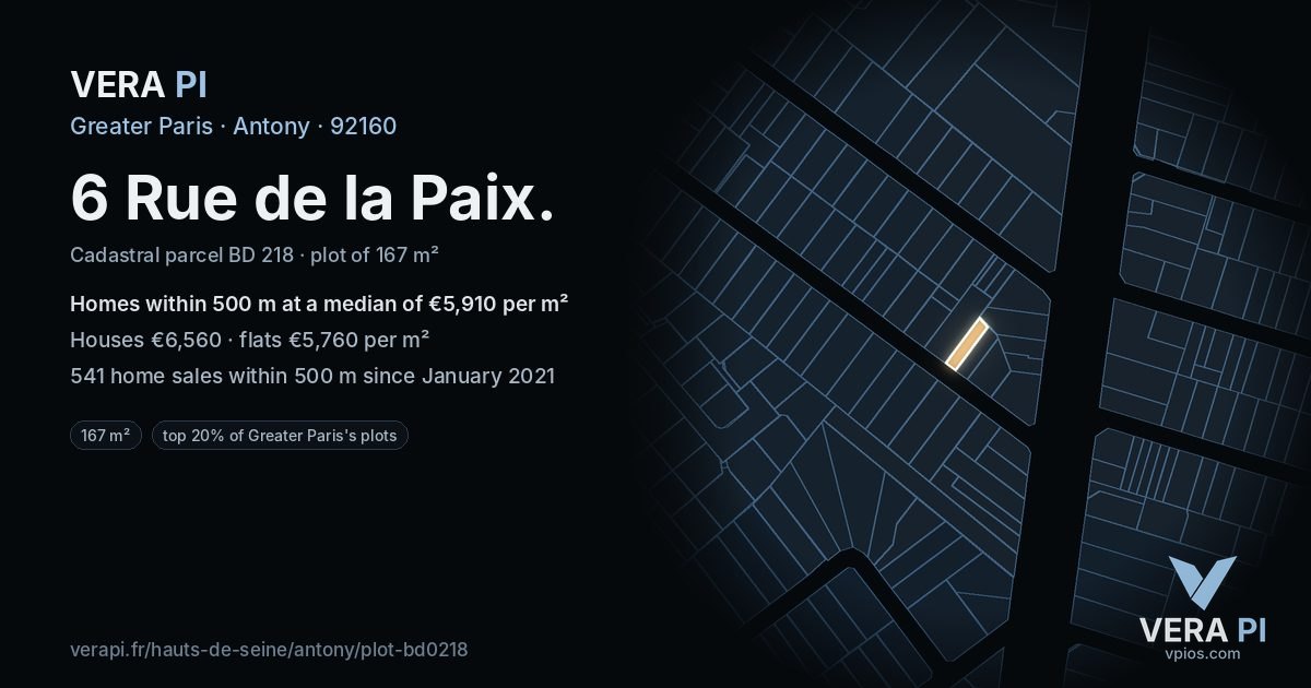 6 Rue de la Paix, Antony at night – the plot lit, the parcels around coloured by the prices near them