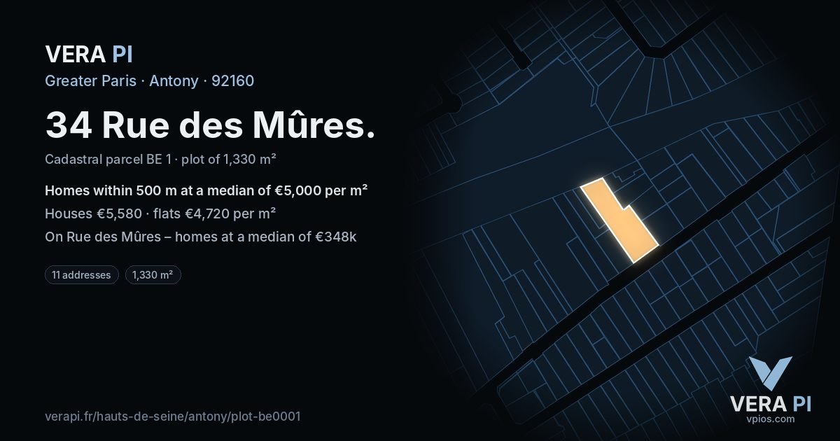 34 Rue des Mûres, Antony at night – the plot lit, the parcels around coloured by the prices near them