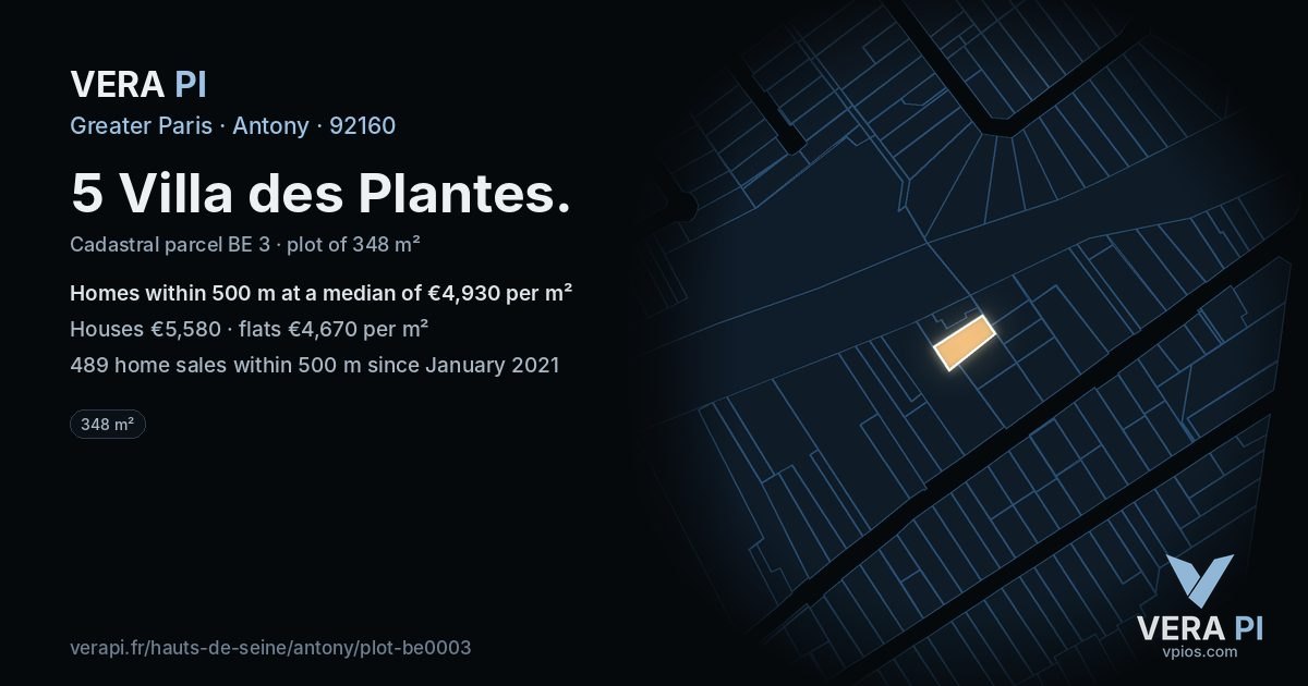 5 Villa des Plantes, Antony at night – the plot lit, the parcels around coloured by the prices near them