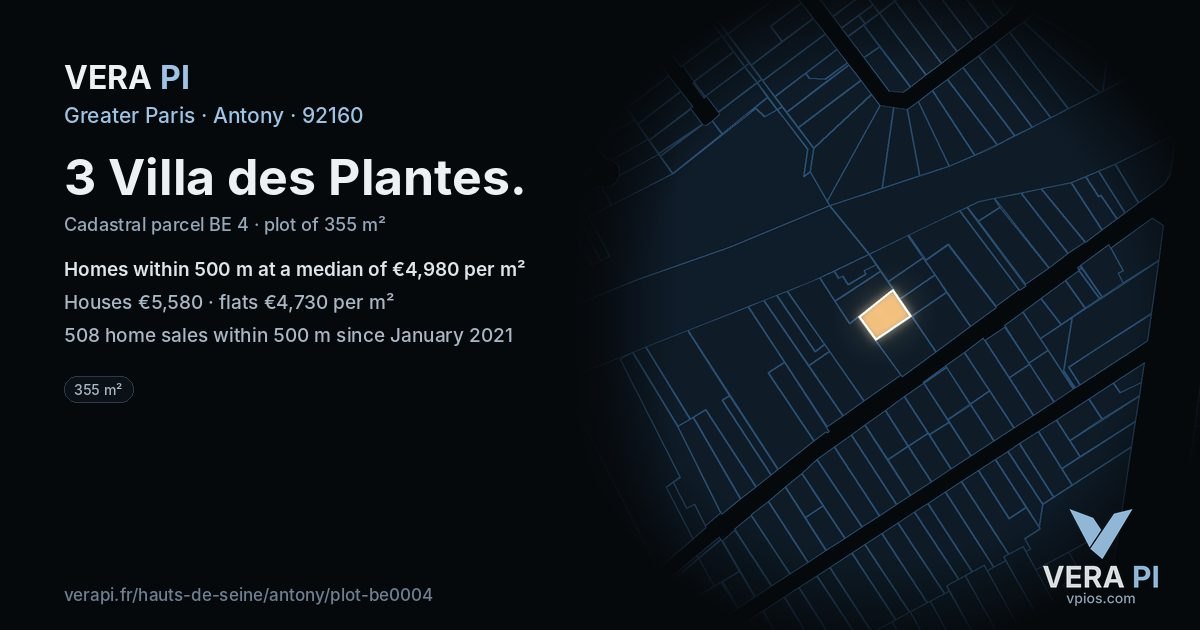 3 Villa des Plantes, Antony at night – the plot lit, the parcels around coloured by the prices near them