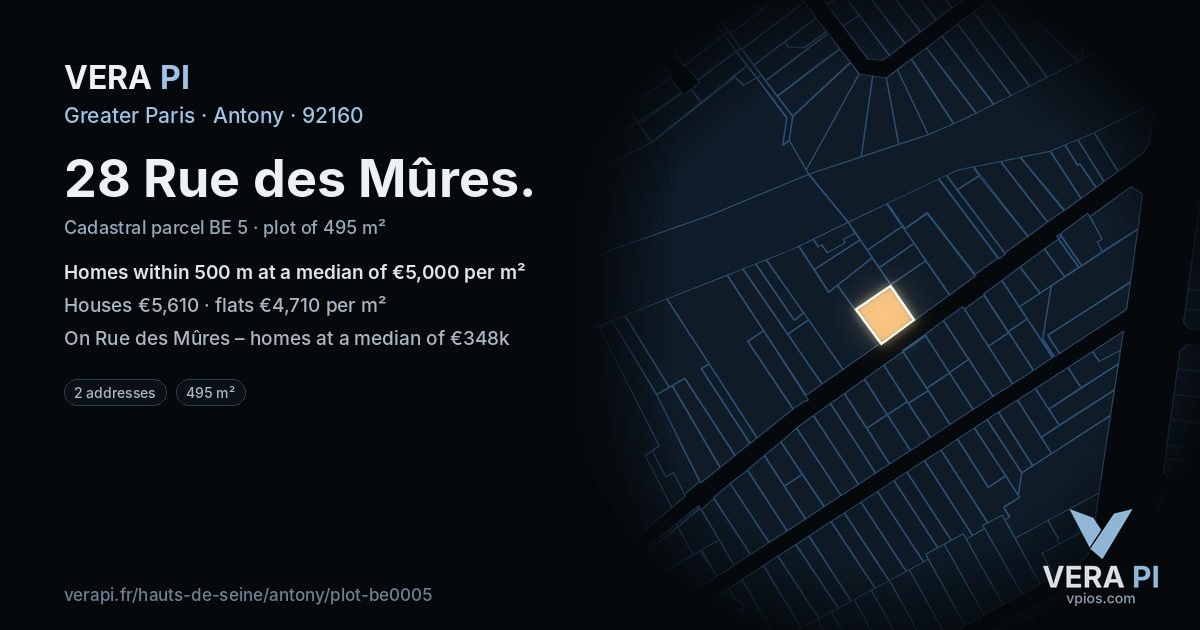 28 Rue des Mûres, Antony at night – the plot lit, the parcels around coloured by the prices near them