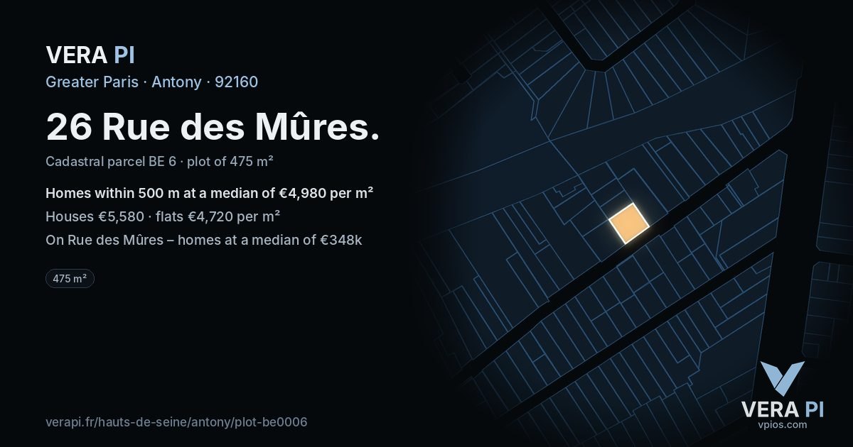 26 Rue des Mûres, Antony at night – the plot lit, the parcels around coloured by the prices near them
