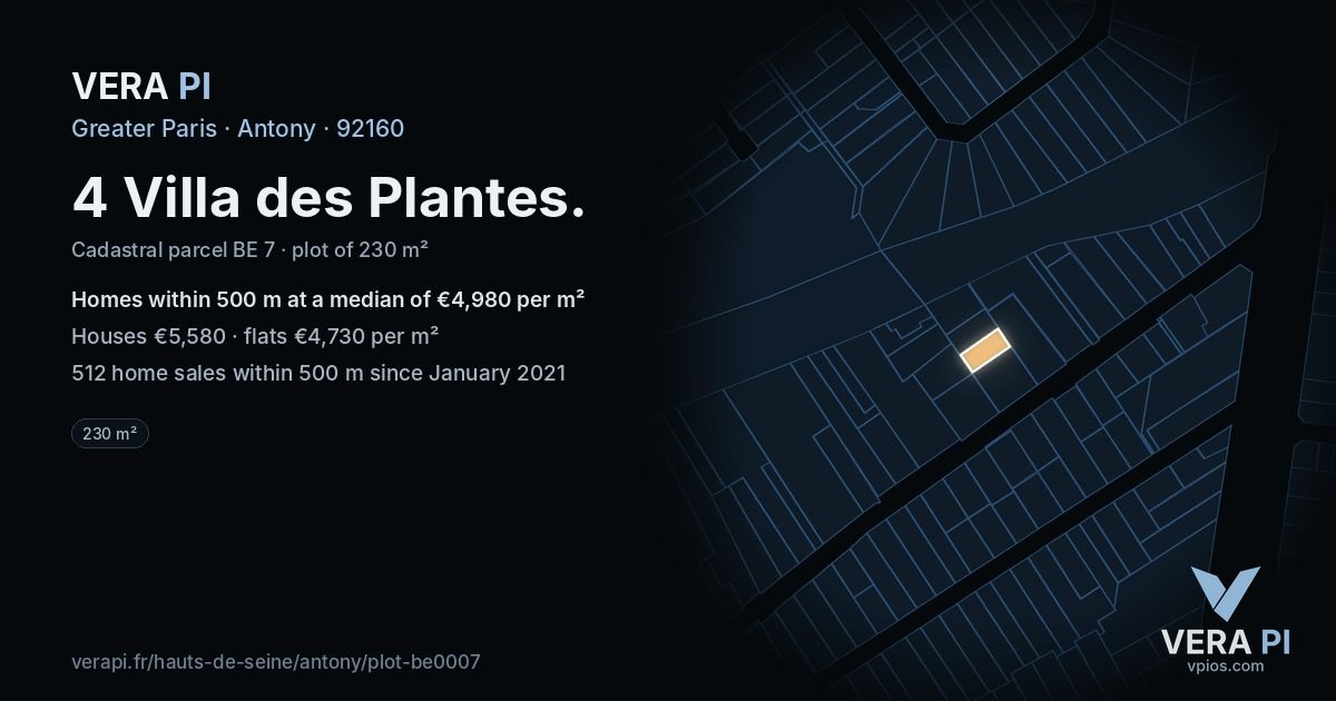 4 Villa des Plantes, Antony at night – the plot lit, the parcels around coloured by the prices near them