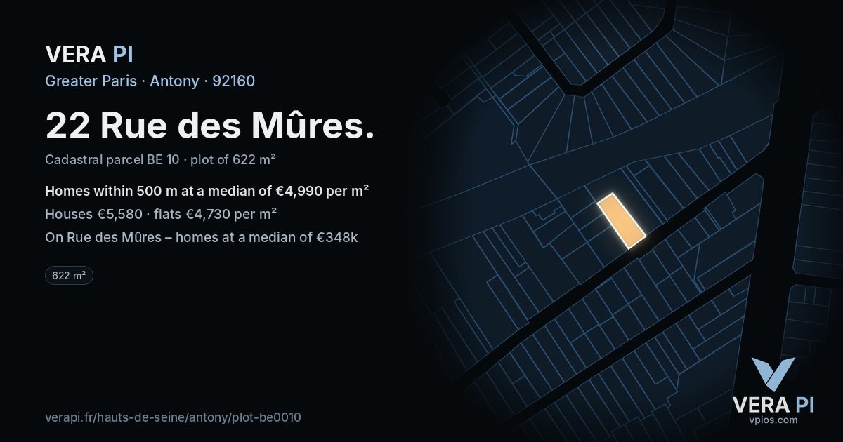 22 Rue des Mûres, Antony at night – the plot lit, the parcels around coloured by the prices near them