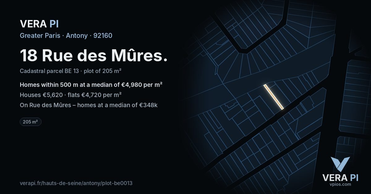 18 Rue des Mûres, Antony at night – the plot lit, the parcels around coloured by the prices near them