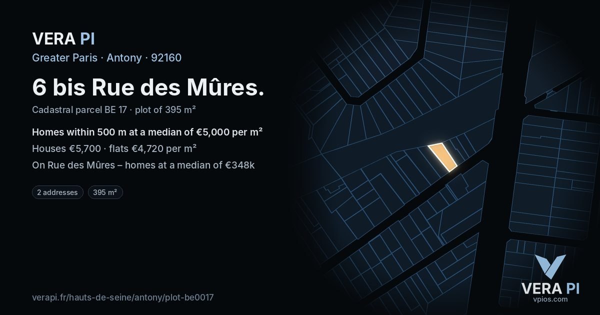6 bis Rue des Mûres, Antony at night – the plot lit, the parcels around coloured by the prices near them