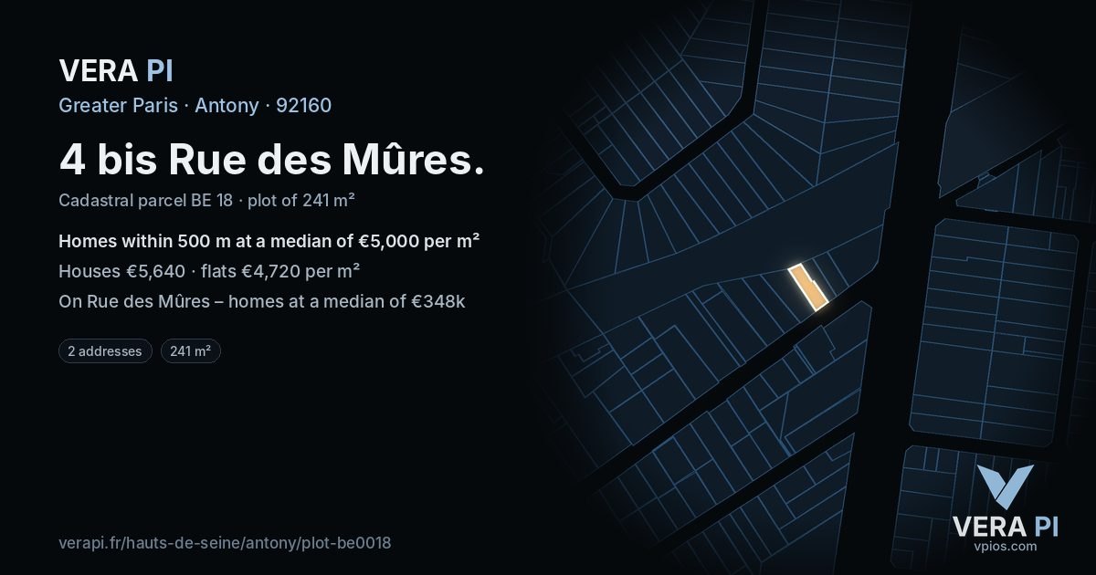 4 bis Rue des Mûres, Antony at night – the plot lit, the parcels around coloured by the prices near them