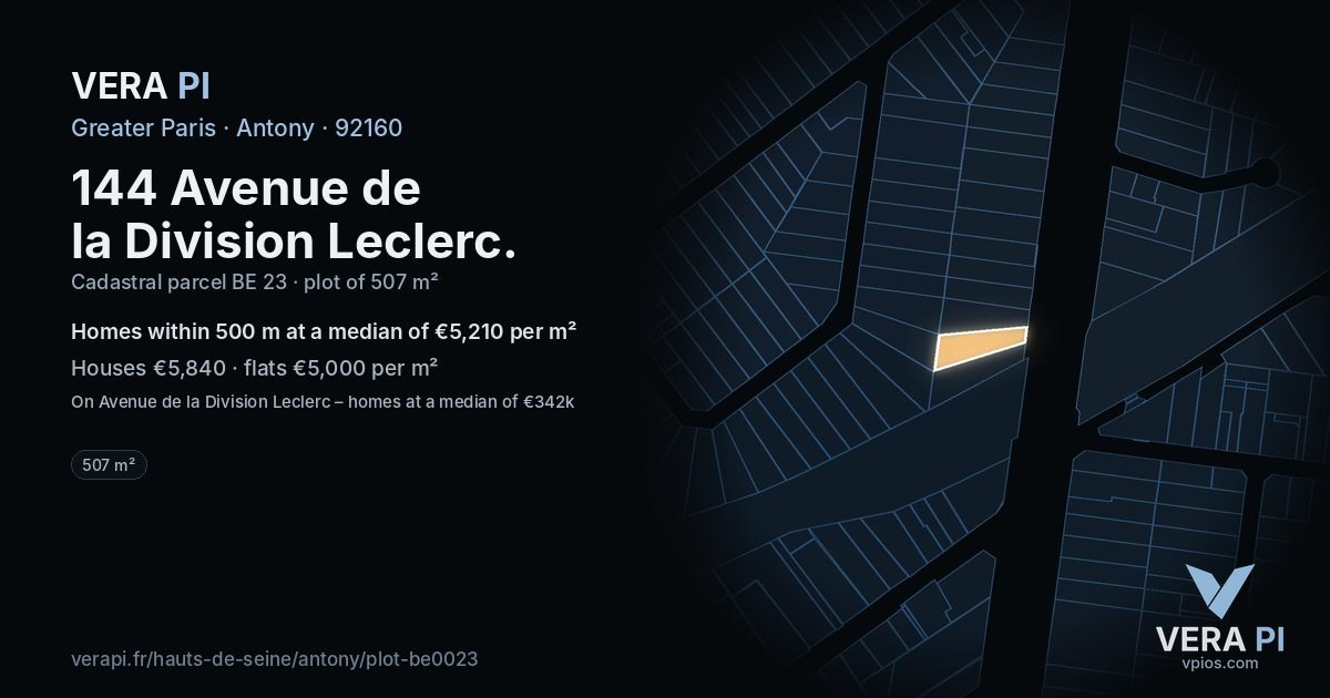144 Avenue de la Division Leclerc, Antony at night – the plot lit, the parcels around coloured by the prices near them