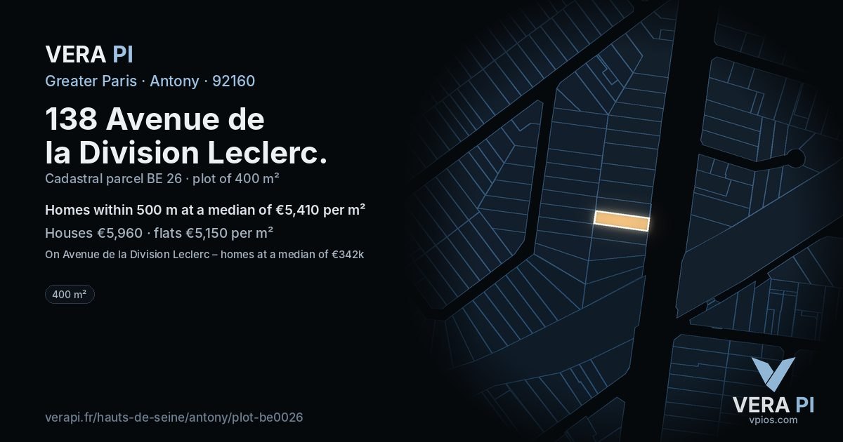 138 Avenue de la Division Leclerc, Antony at night – the plot lit, the parcels around coloured by the prices near them