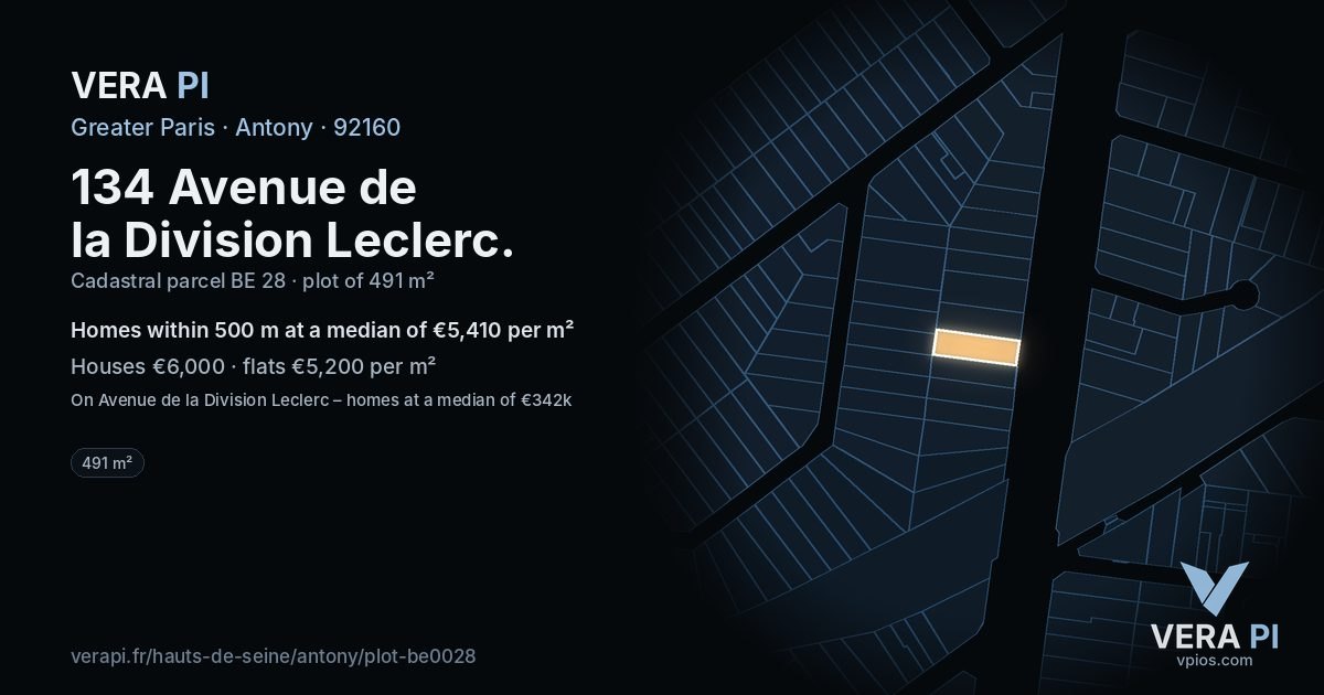 134 Avenue de la Division Leclerc, Antony at night – the plot lit, the parcels around coloured by the prices near them