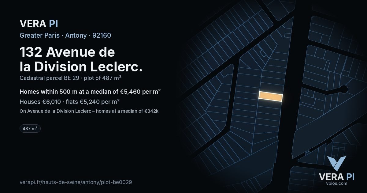 132 Avenue de la Division Leclerc, Antony at night – the plot lit, the parcels around coloured by the prices near them