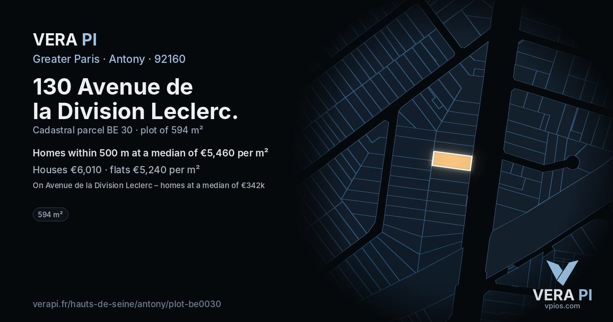 130 Avenue de la Division Leclerc, Antony at night – the plot lit, the parcels around coloured by the prices near them