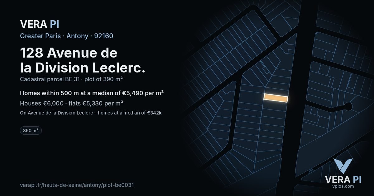 128 Avenue de la Division Leclerc, Antony at night – the plot lit, the parcels around coloured by the prices near them