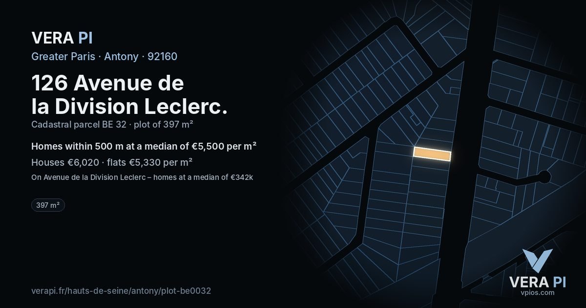 126 Avenue de la Division Leclerc, Antony at night – the plot lit, the parcels around coloured by the prices near them
