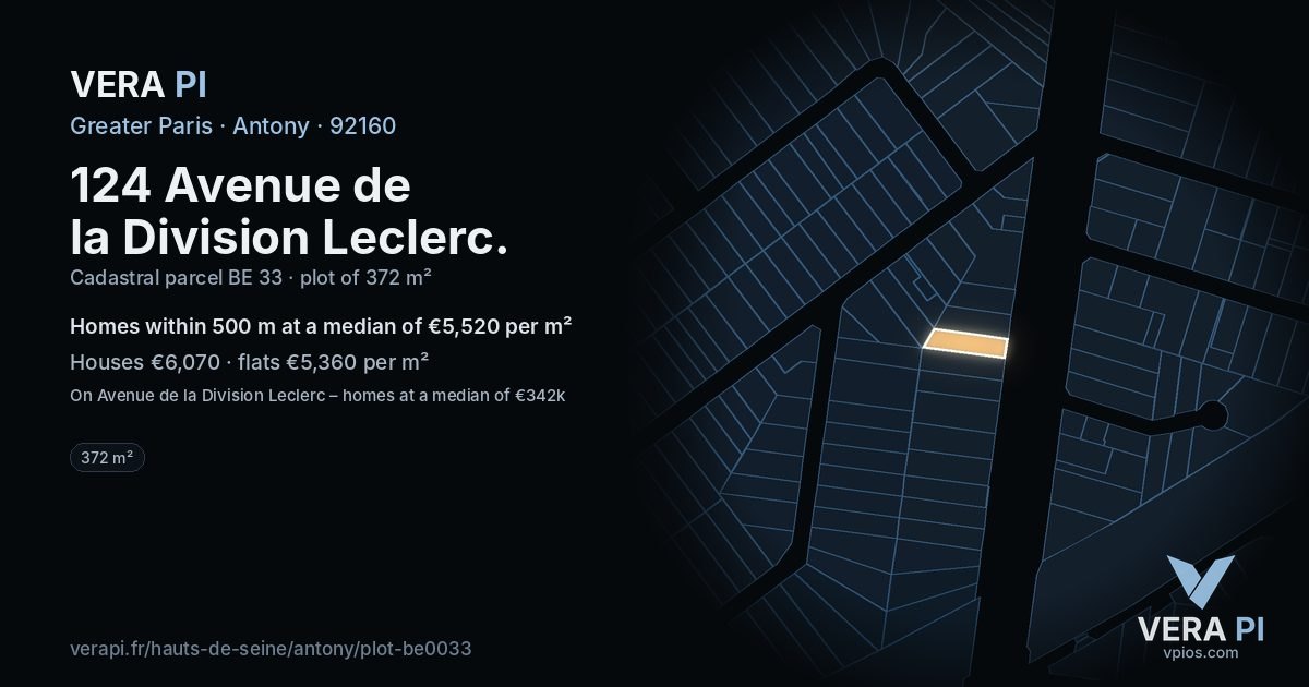 124 Avenue de la Division Leclerc, Antony at night – the plot lit, the parcels around coloured by the prices near them