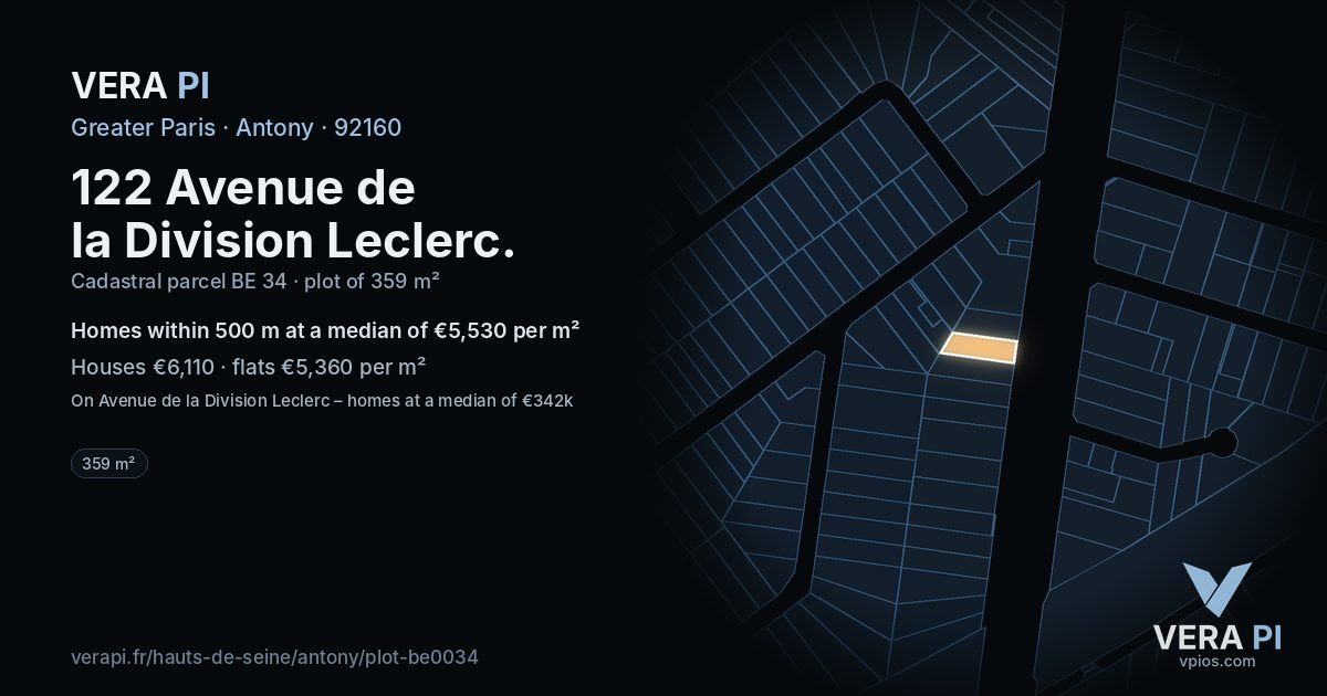 122 Avenue de la Division Leclerc, Antony at night – the plot lit, the parcels around coloured by the prices near them