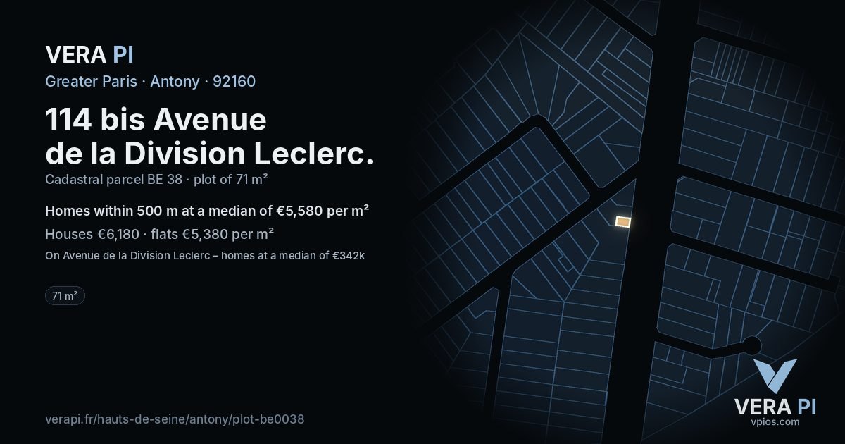 114 bis Avenue de la Division Leclerc, Antony at night – the plot lit, the parcels around coloured by the prices near them
