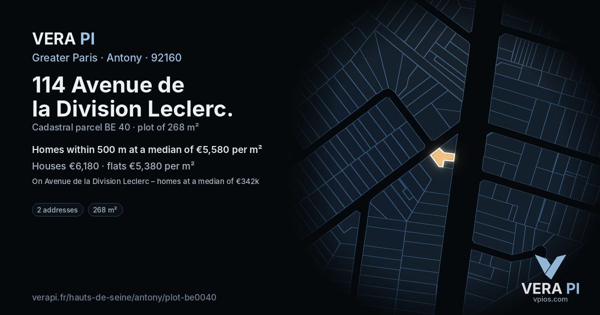114 Avenue de la Division Leclerc, Antony at night – the plot lit, the parcels around coloured by the prices near them