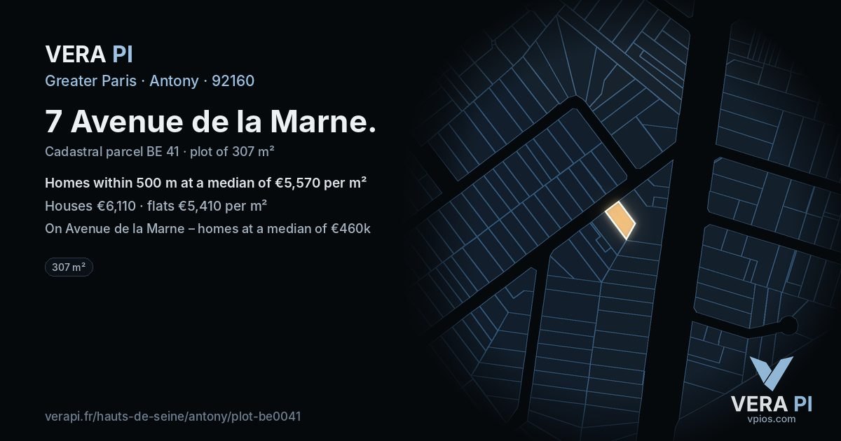 7 Avenue de la Marne, Antony at night – the plot lit, the parcels around coloured by the prices near them
