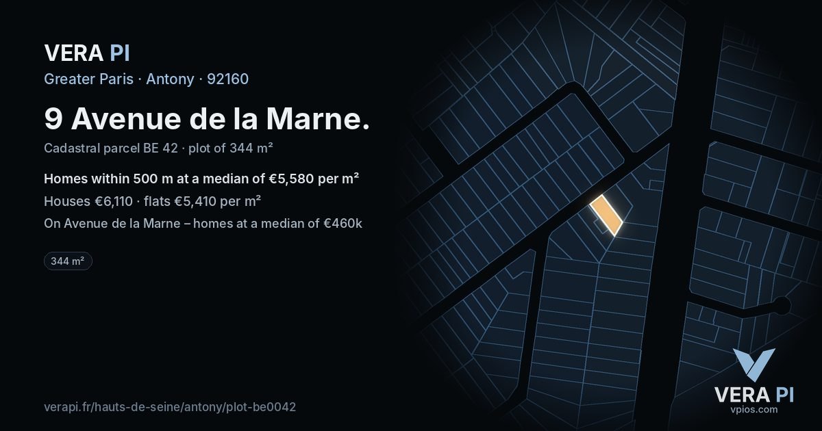 9 Avenue de la Marne, Antony at night – the plot lit, the parcels around coloured by the prices near them