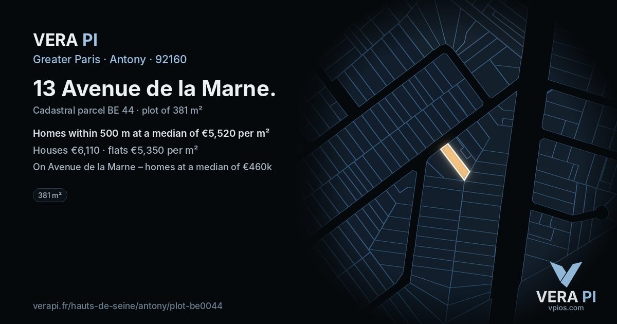 13 Avenue de la Marne, Antony at night – the plot lit, the parcels around coloured by the prices near them
