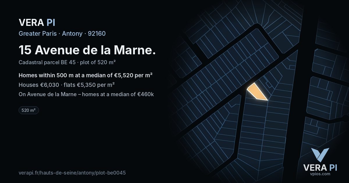 15 Avenue de la Marne, Antony at night – the plot lit, the parcels around coloured by the prices near them
