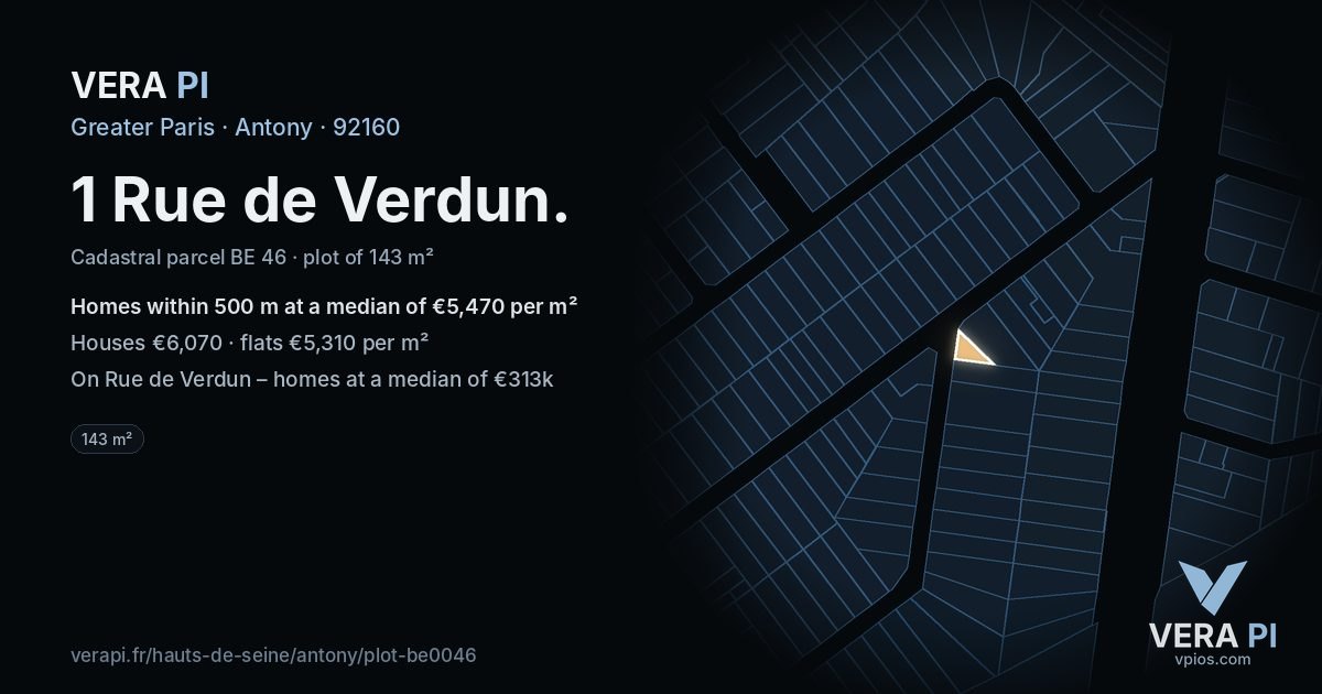 1 Rue de Verdun, Antony at night – the plot lit, the parcels around coloured by the prices near them