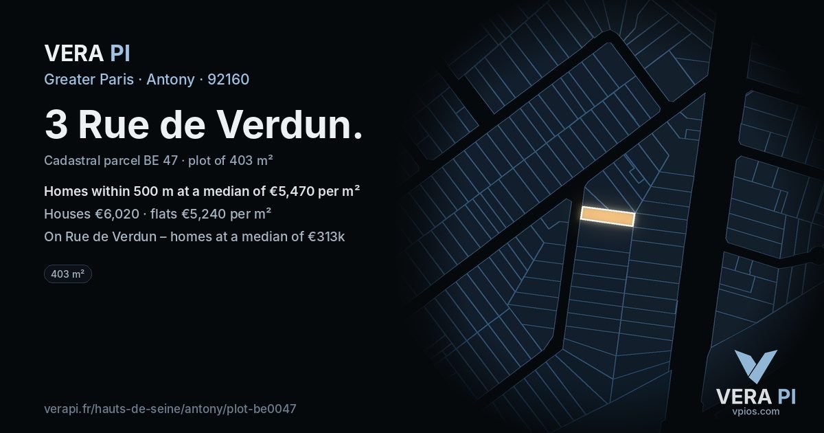 3 Rue de Verdun, Antony at night – the plot lit, the parcels around coloured by the prices near them