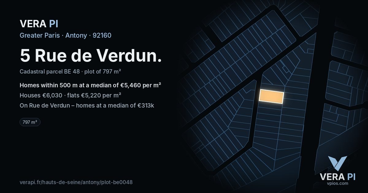 5 Rue de Verdun, Antony at night – the plot lit, the parcels around coloured by the prices near them