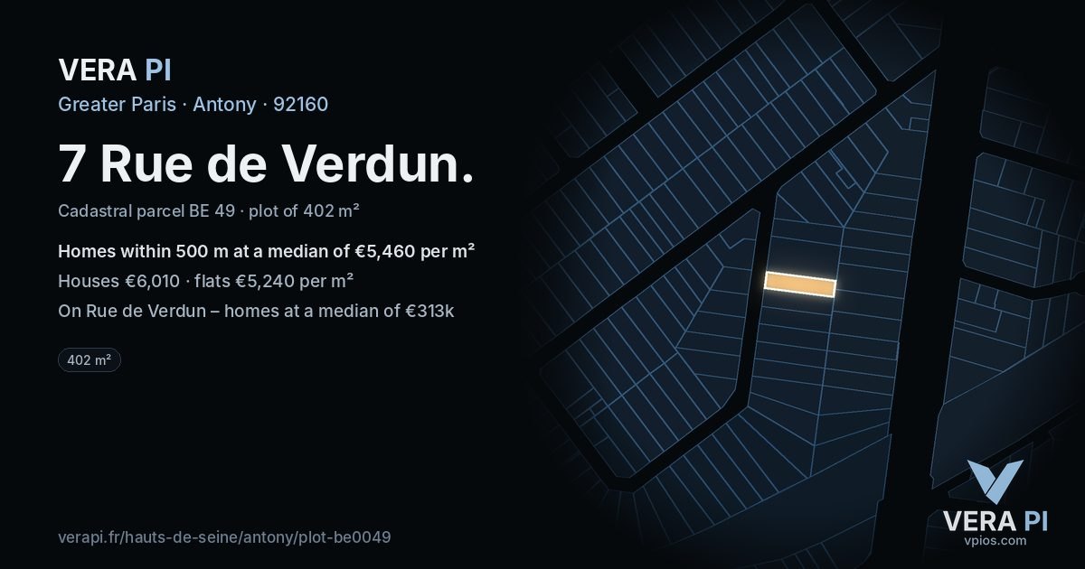 7 Rue de Verdun, Antony at night – the plot lit, the parcels around coloured by the prices near them