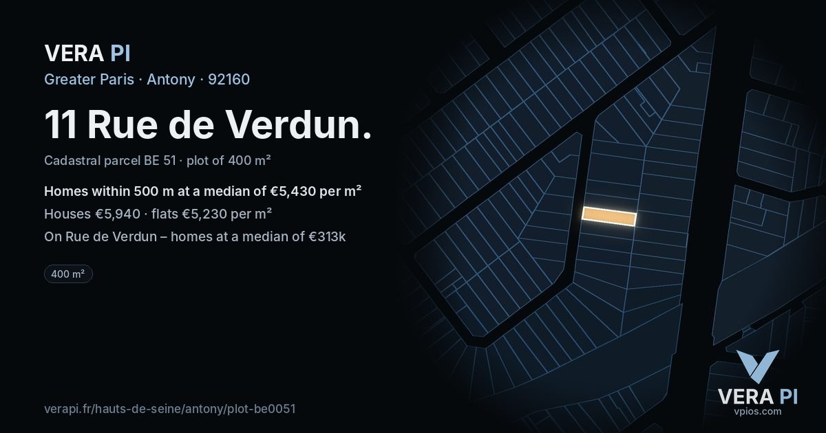 11 Rue de Verdun, Antony at night – the plot lit, the parcels around coloured by the prices near them