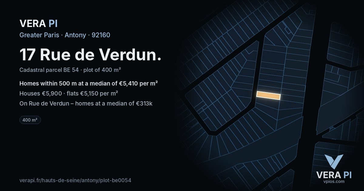 17 Rue de Verdun, Antony at night – the plot lit, the parcels around coloured by the prices near them