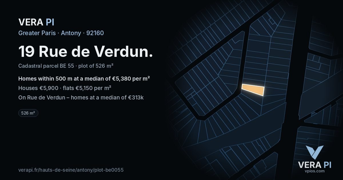 19 Rue de Verdun, Antony at night – the plot lit, the parcels around coloured by the prices near them