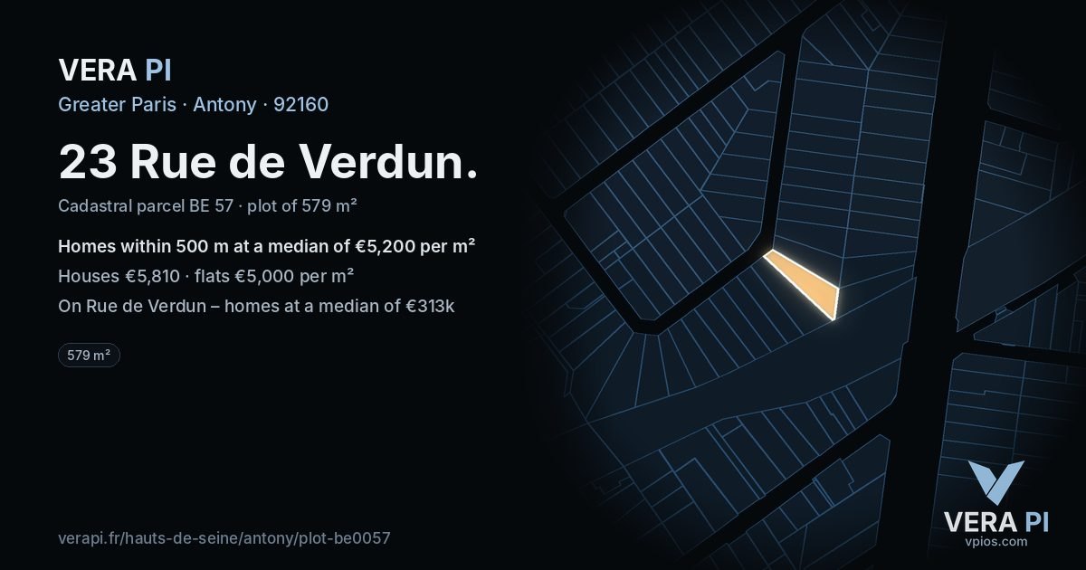 23 Rue de Verdun, Antony at night – the plot lit, the parcels around coloured by the prices near them