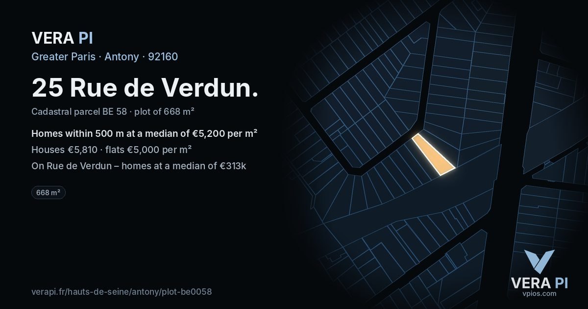 25 Rue de Verdun, Antony at night – the plot lit, the parcels around coloured by the prices near them