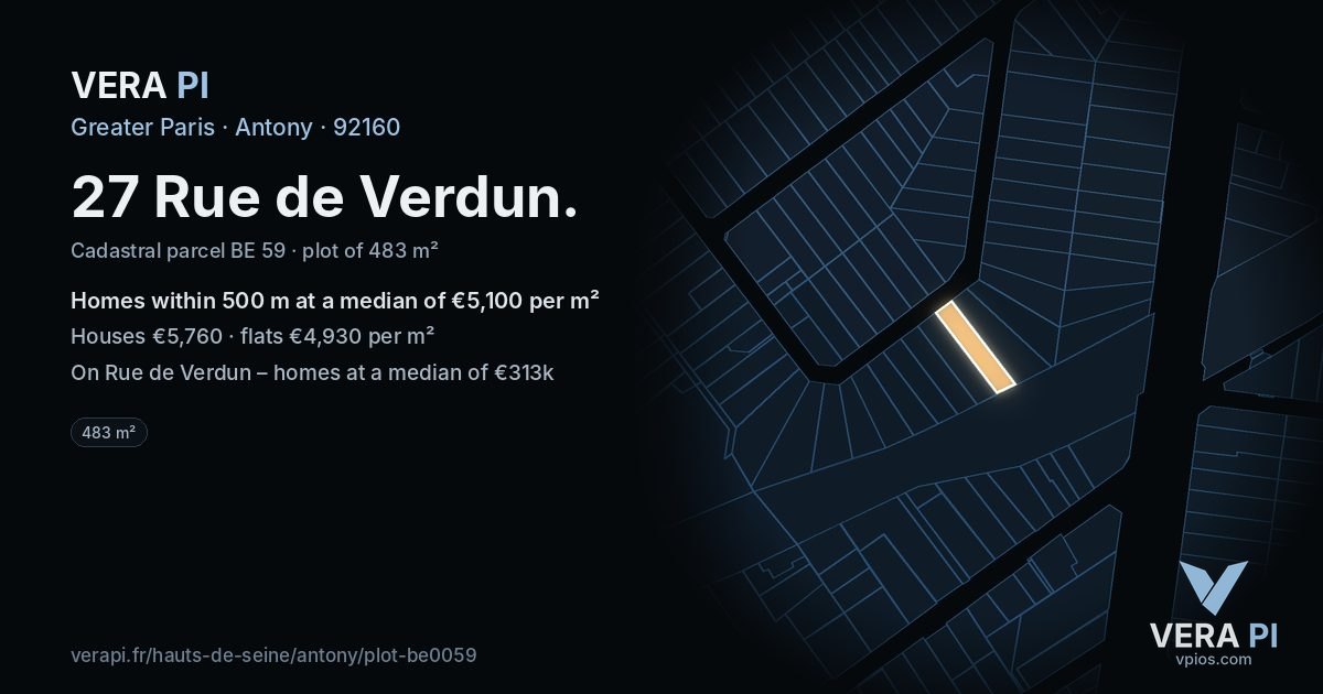 27 Rue de Verdun, Antony at night – the plot lit, the parcels around coloured by the prices near them