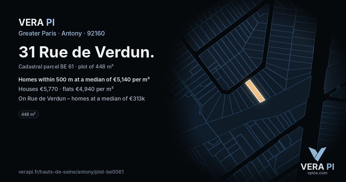 31 Rue de Verdun, Antony at night – the plot lit, the parcels around coloured by the prices near them
