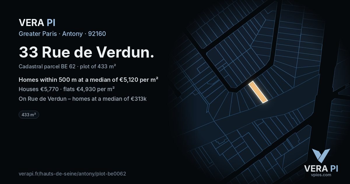 33 Rue de Verdun, Antony at night – the plot lit, the parcels around coloured by the prices near them