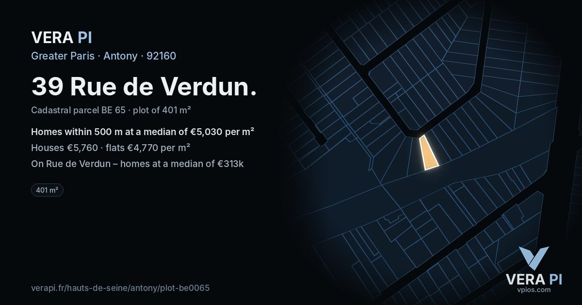 39 Rue de Verdun, Antony at night – the plot lit, the parcels around coloured by the prices near them