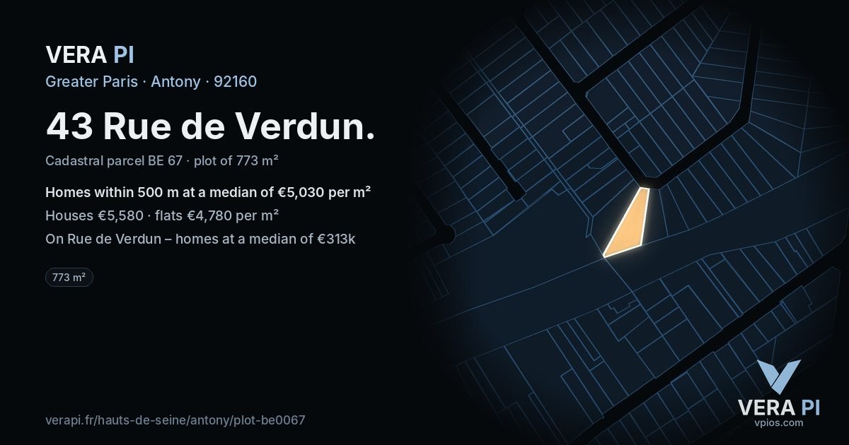 43 Rue de Verdun, Antony at night – the plot lit, the parcels around coloured by the prices near them