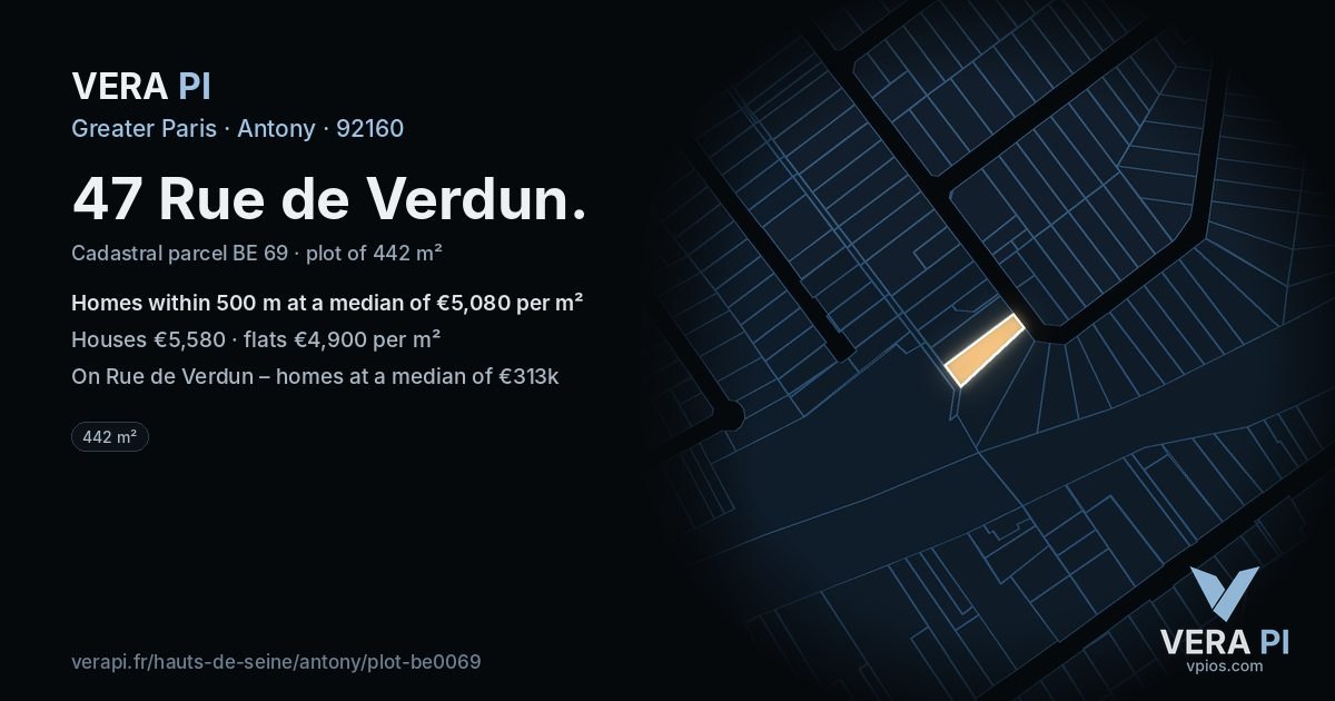 47 Rue de Verdun, Antony at night – the plot lit, the parcels around coloured by the prices near them