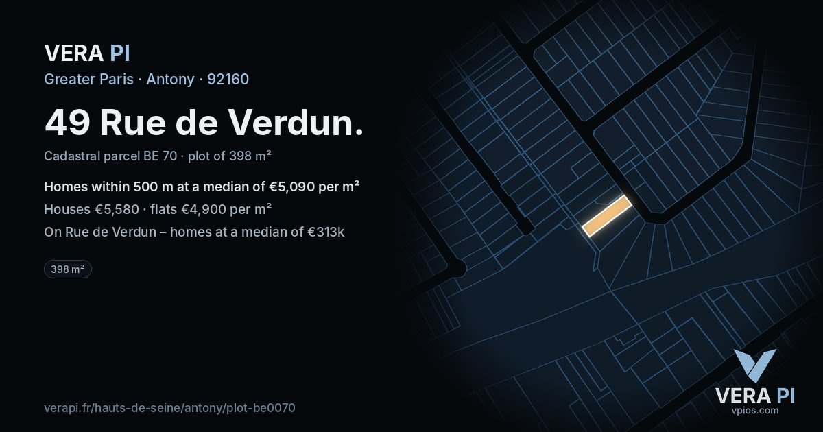 49 Rue de Verdun, Antony at night – the plot lit, the parcels around coloured by the prices near them