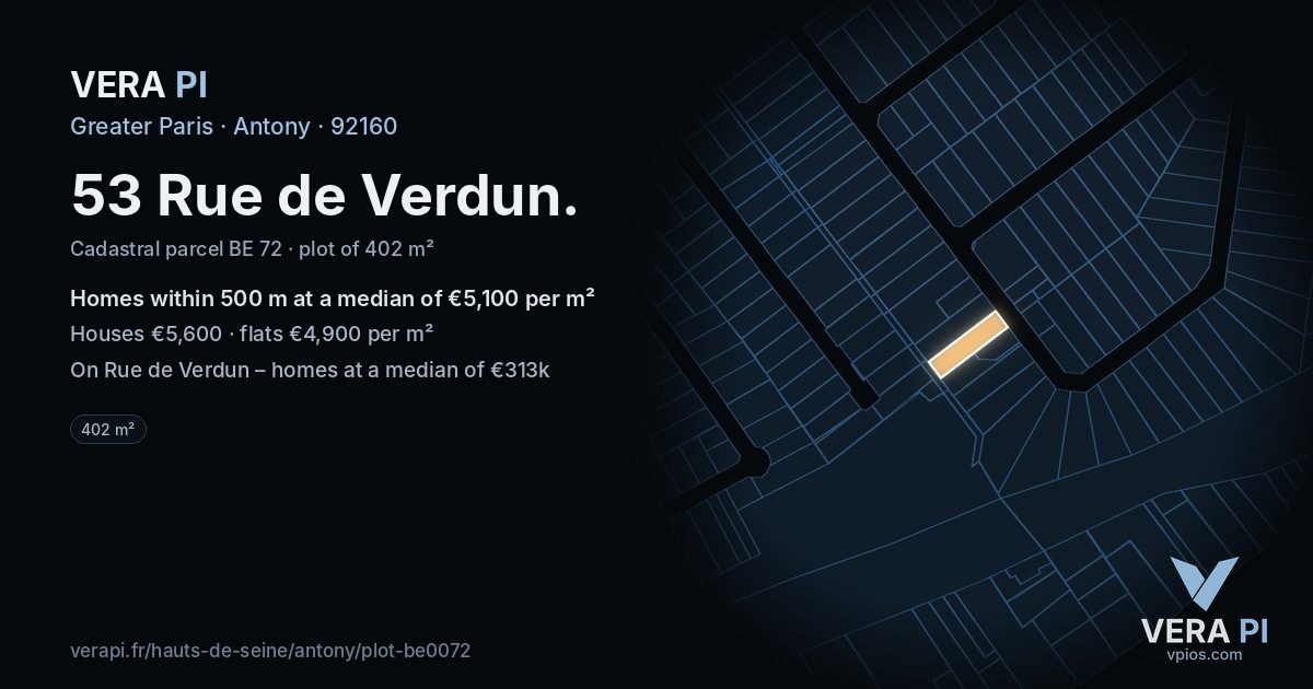 53 Rue de Verdun, Antony at night – the plot lit, the parcels around coloured by the prices near them