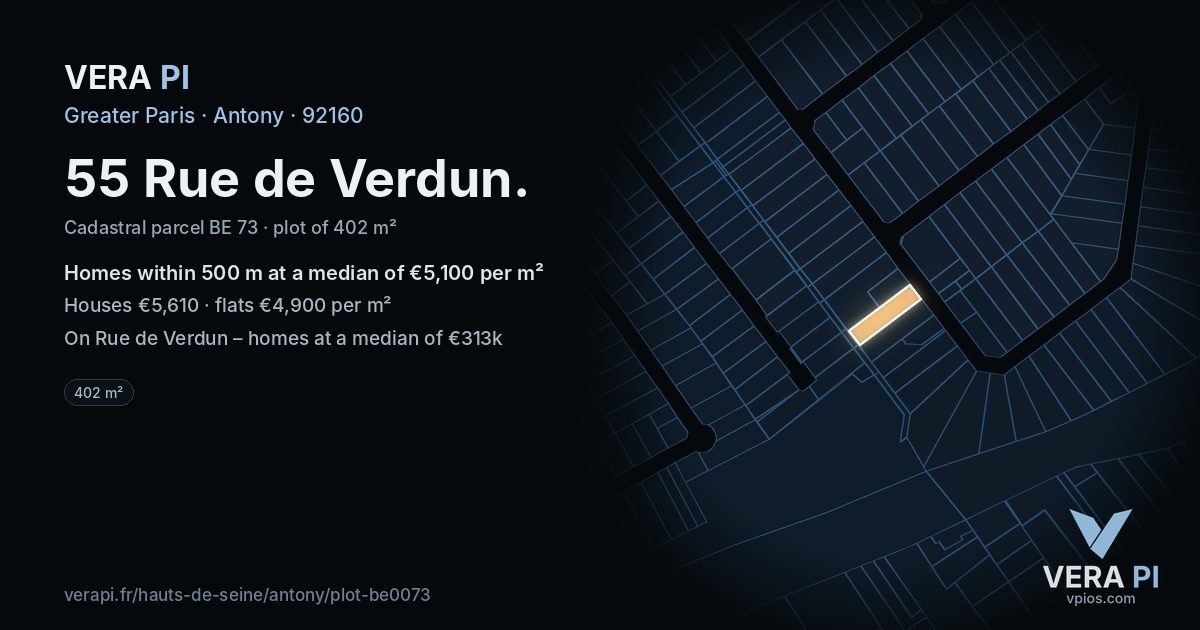 55 Rue de Verdun, Antony at night – the plot lit, the parcels around coloured by the prices near them