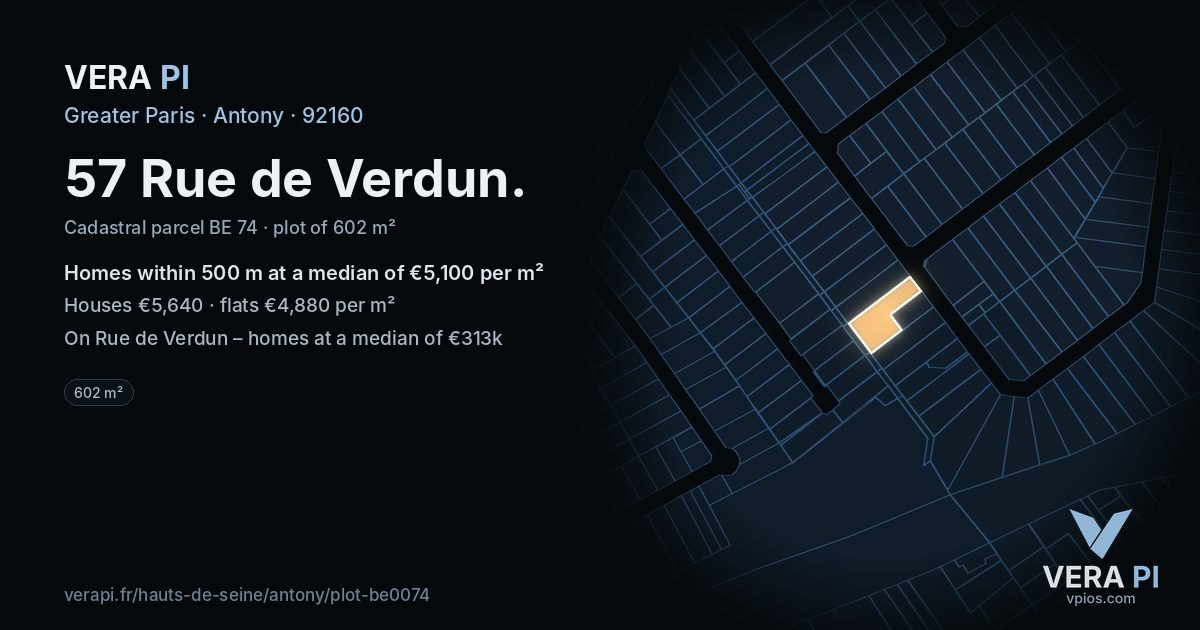 57 Rue de Verdun, Antony at night – the plot lit, the parcels around coloured by the prices near them