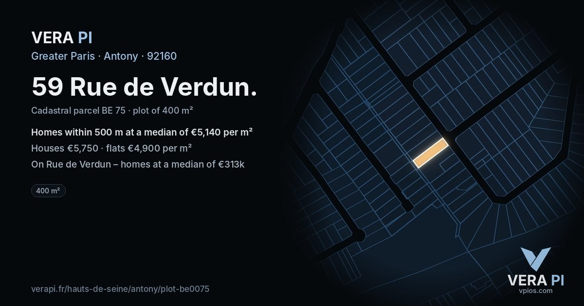59 Rue de Verdun, Antony at night – the plot lit, the parcels around coloured by the prices near them