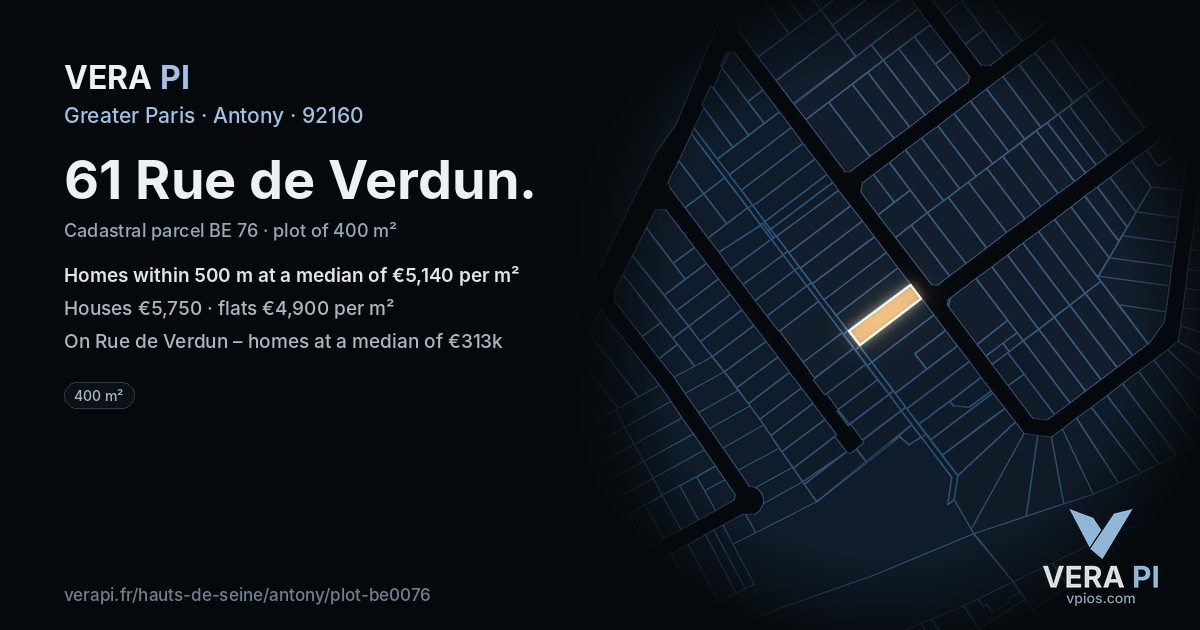 61 Rue de Verdun, Antony at night – the plot lit, the parcels around coloured by the prices near them