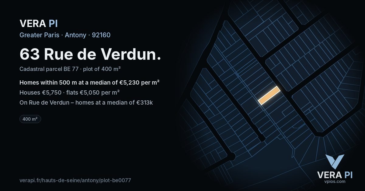 63 Rue de Verdun, Antony at night – the plot lit, the parcels around coloured by the prices near them